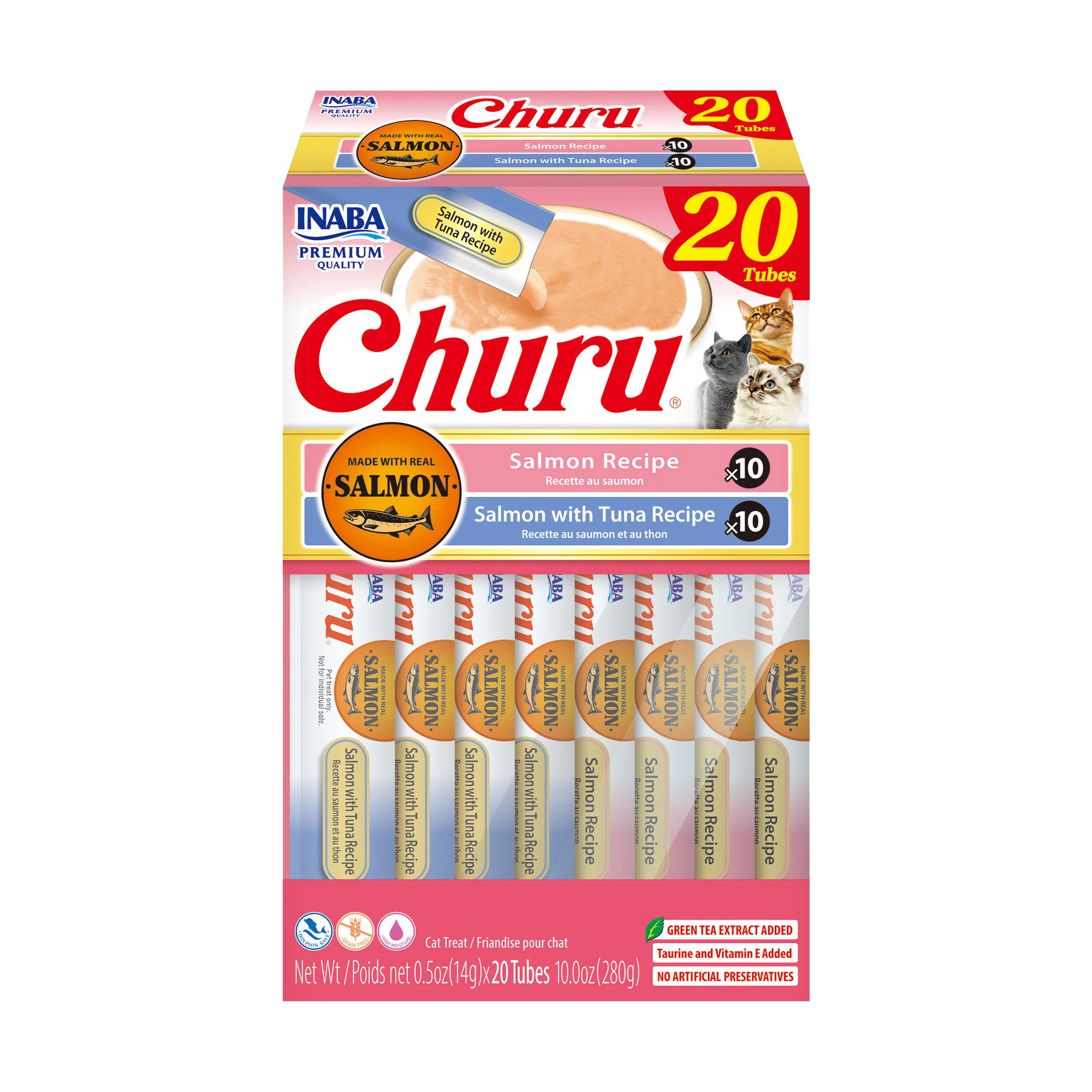 INABA Churu Cat Treats, Grain-Free, Lickable, Squeezable Creamy Purée Cat Treat with Vitamin E & Taurine, 0.5 Ounces Each Tube, 20 Tubes, Salmon & Tuna Variety Box - Image 1