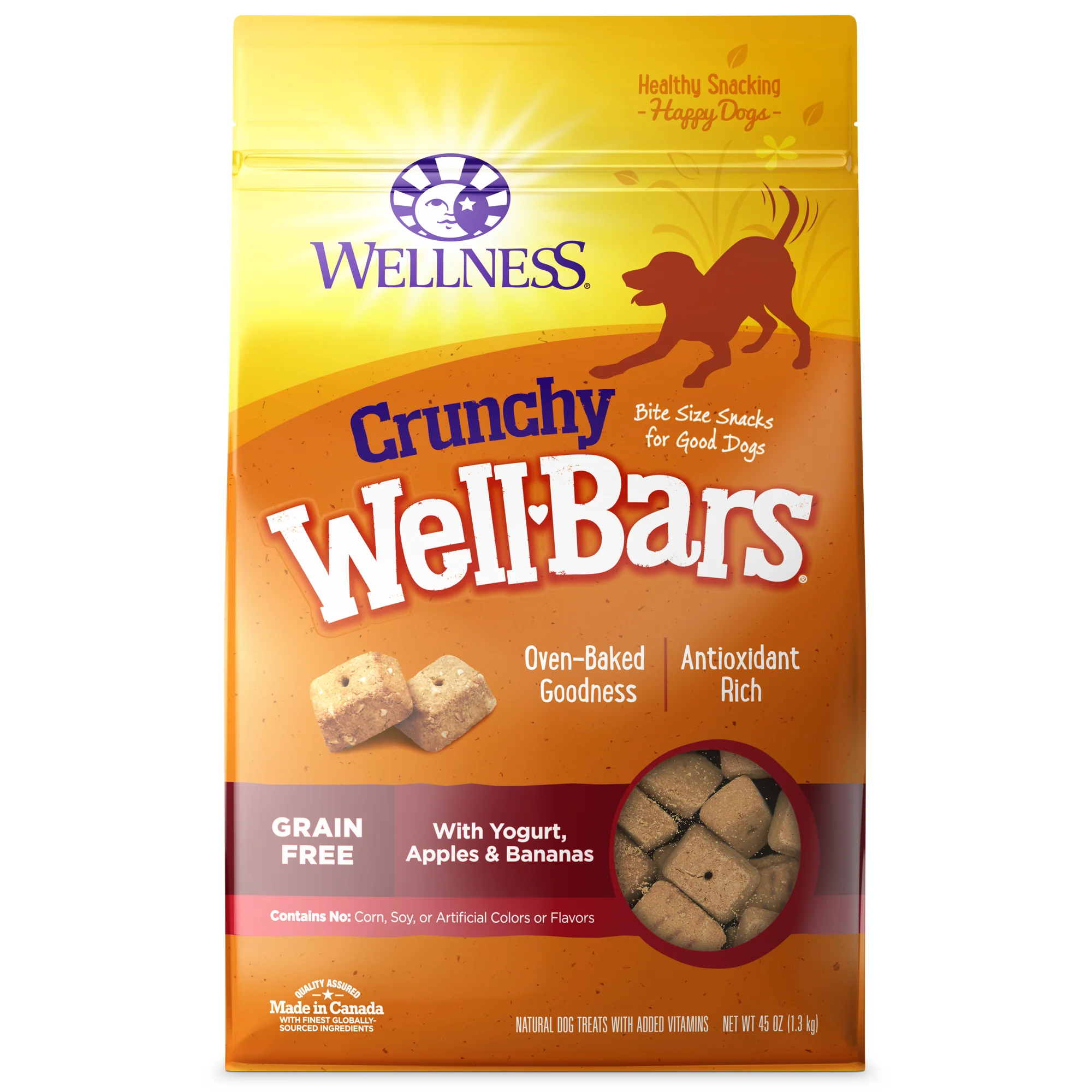 Wellness WellBars Natural Grain Free Crunchy Dog Treats Yogurt Apples & Banana 45oz Bag - Image 1