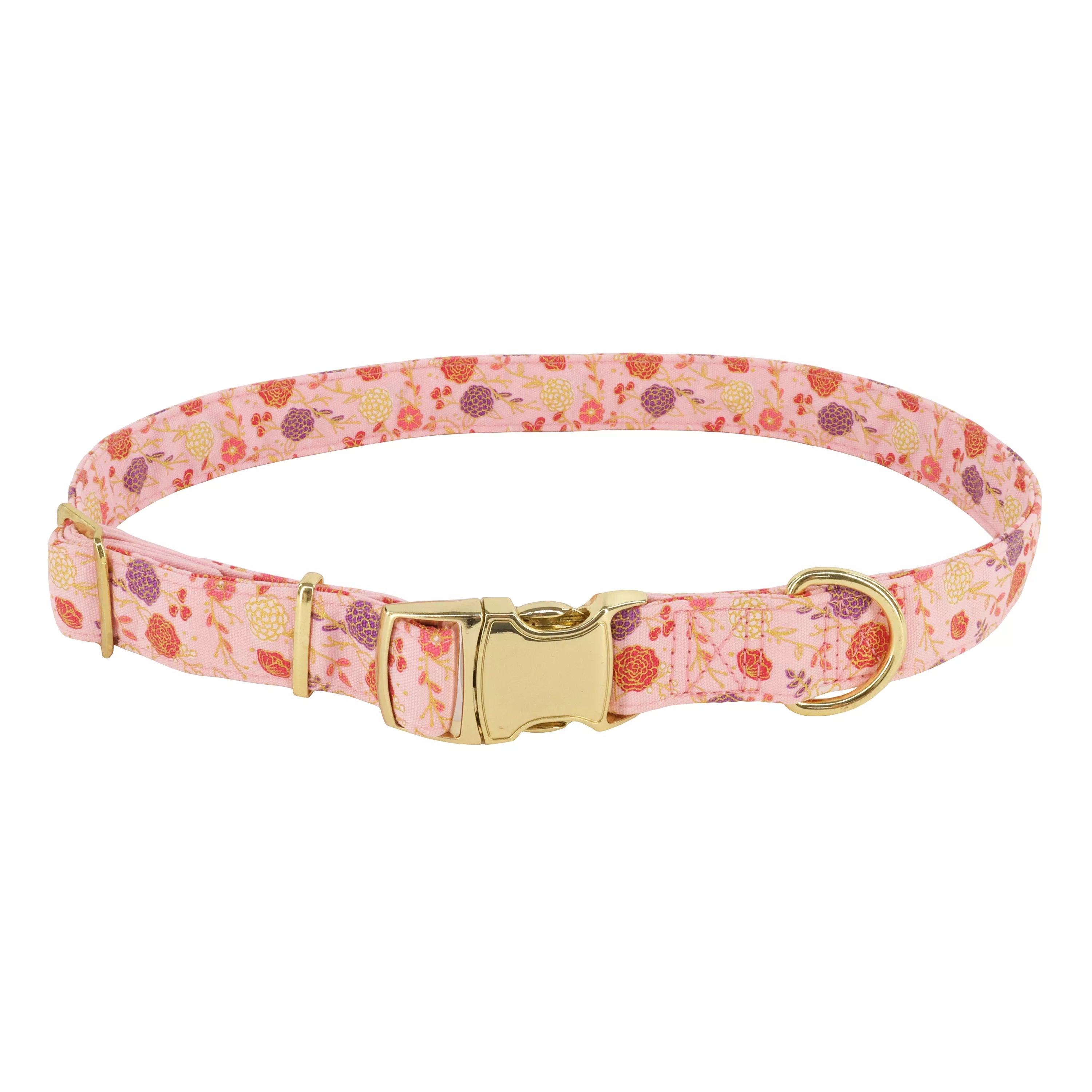 Coastal Accent Metallic 5/8in Wide 12-18in Adjustable Dog Collar Pink Flowers - Image 1