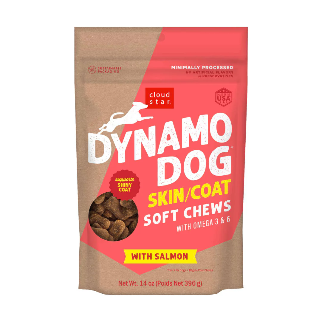 Cloud Star Dynamo Dog Skin & Coat Soft Chews Grain Free Dog Treats, Salmon, 14 oz. Pouch - Image 1