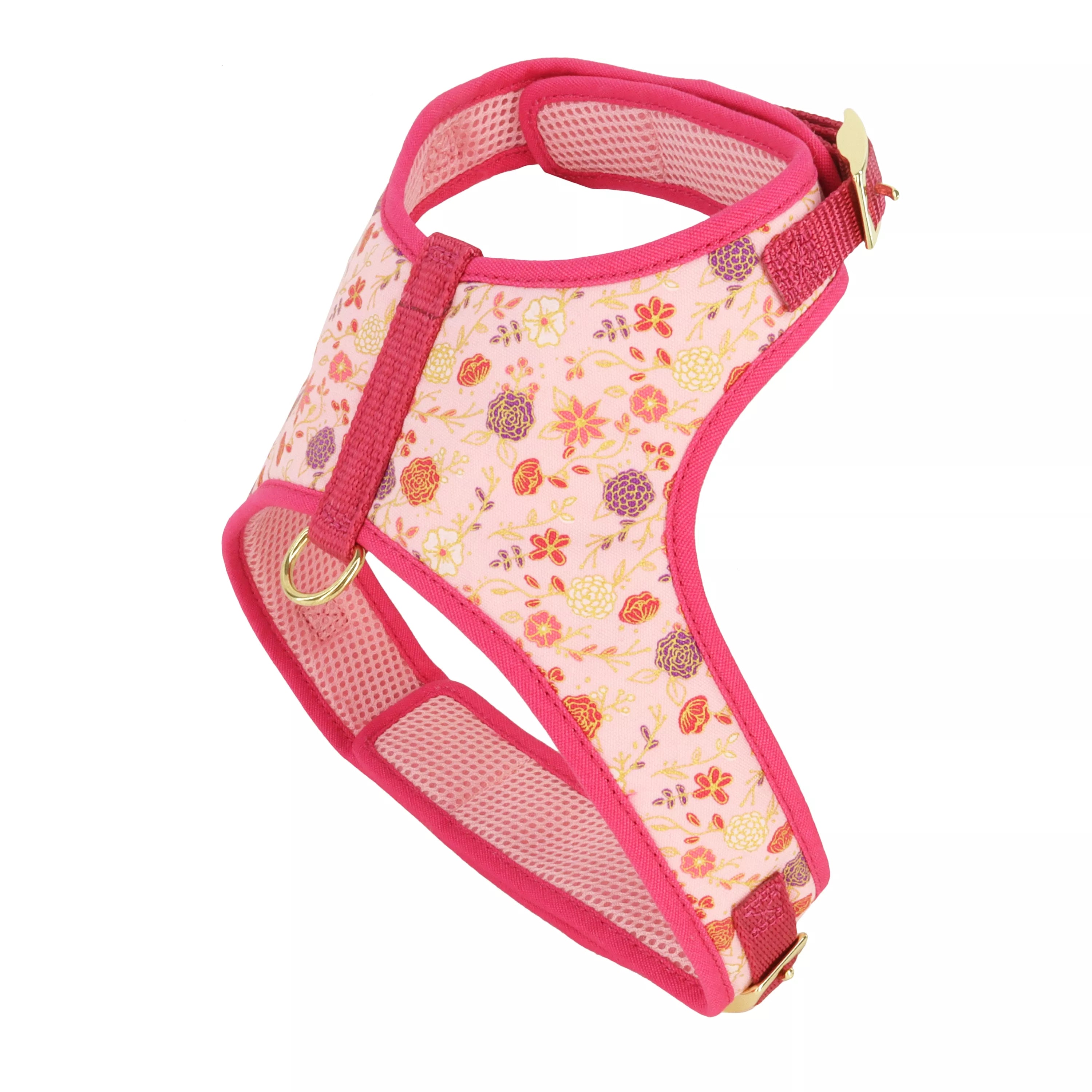 Coastal Accent Metallic Adjustable 5/8in Wide 14-16in Dog Harness Pink Flower - Image 1