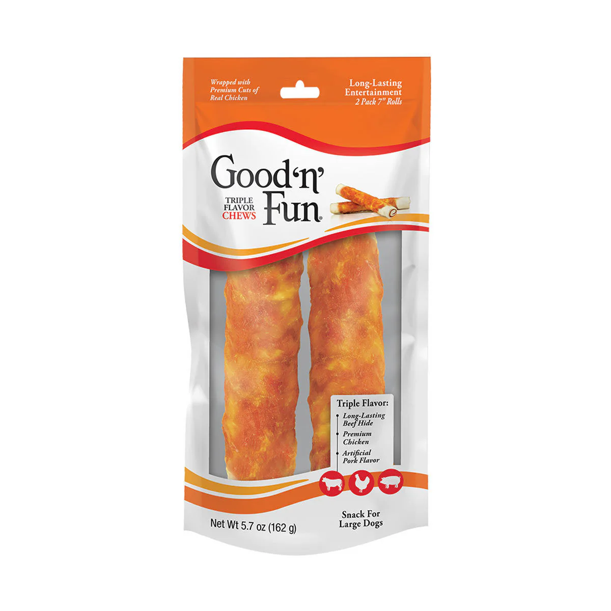 Good ’n’ Fun Triple Flavor 7 Inch Rolls, Rawhide Chews for Dogs 2pk - Image 1