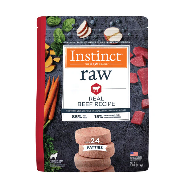 Instinct Frozen Raw Patties Grain-Free Real Beef Recipe Dog Food 6lb Bag - Image 1
