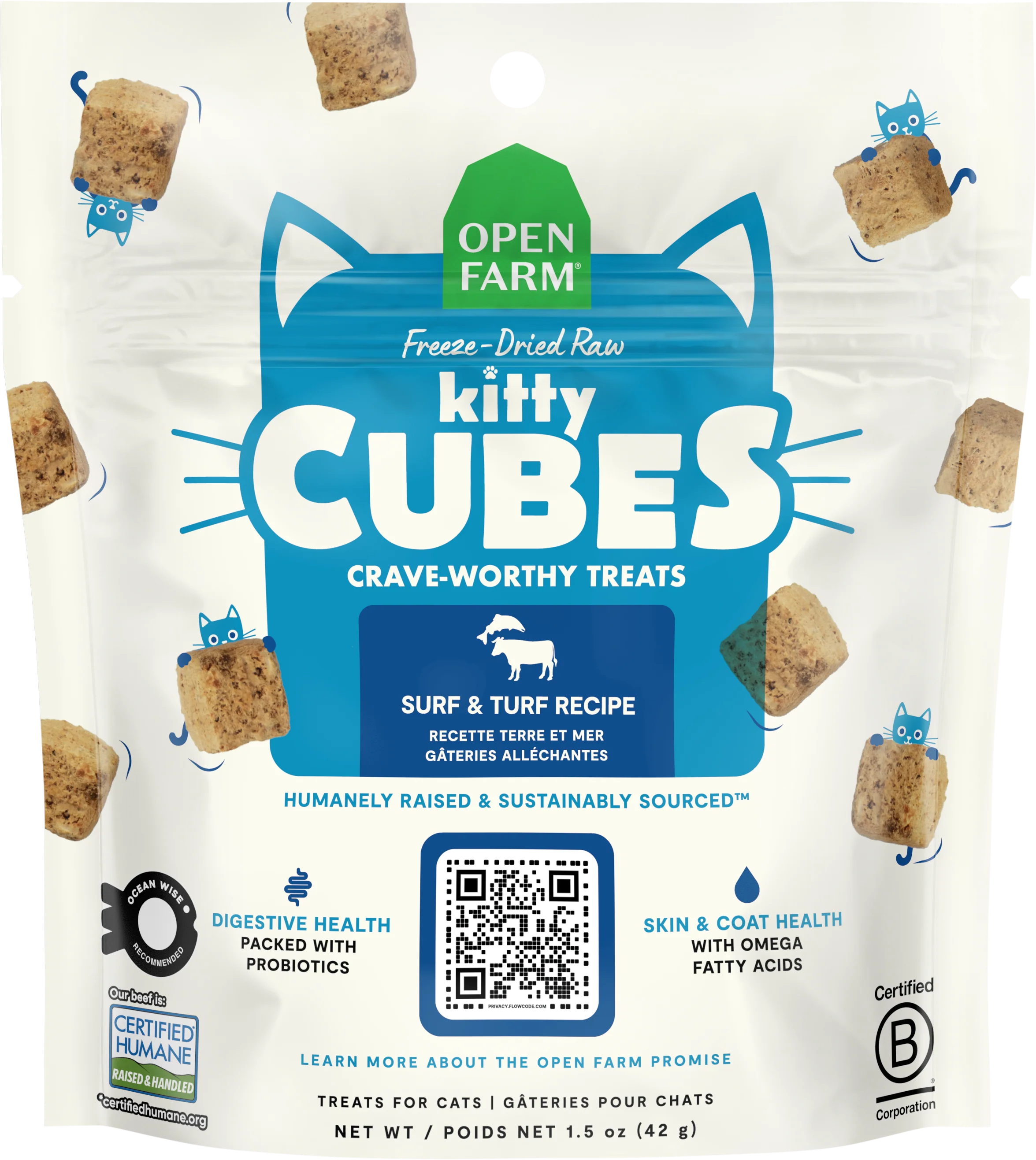 Open Farm Freeze-Dried Raw Kitty Cubes Cat Treats – Surf & Turf Recipe 1.5oz Bag