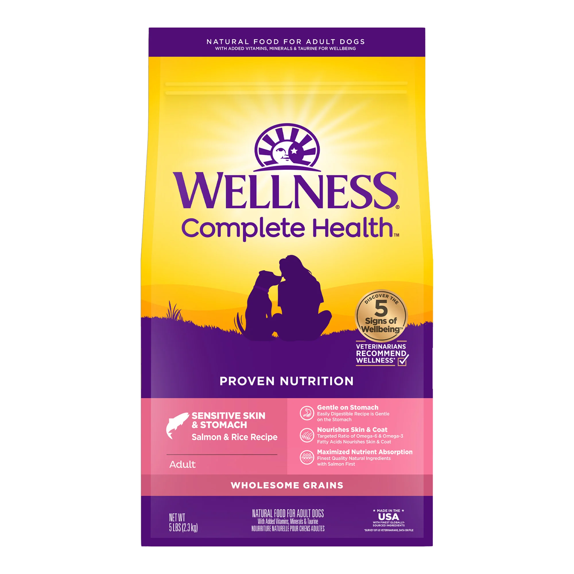 Wellness Complete Health Sensitive Skin & Stomach Dry Dog Food, Wholesome Grains, Natural, Salmon & Rice Recipe 5lb bag - Image 1