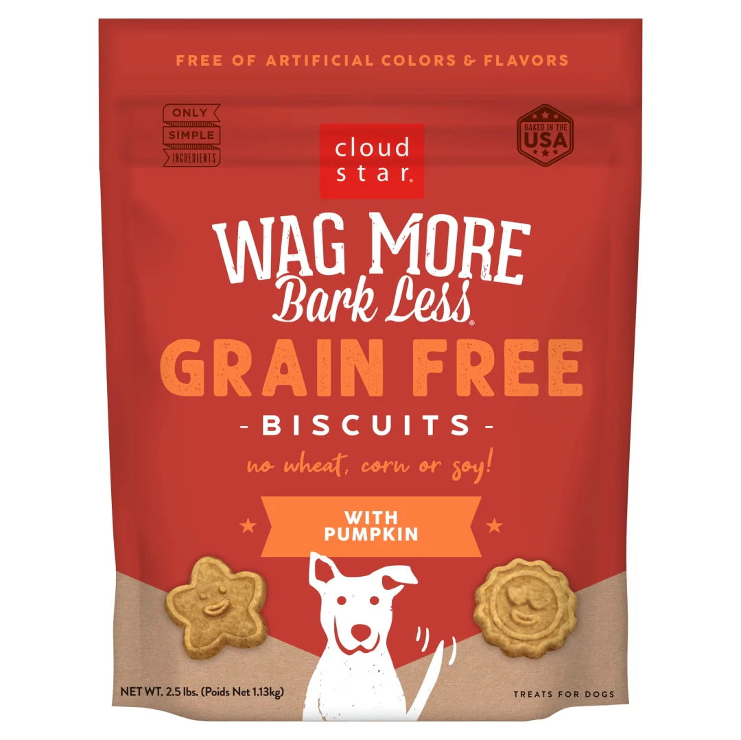 Cloud Star Wag More Bark Less Crunchy Grain Free Dog Treats, Pumpkin, 2.5 lb. Pouch - Image 1