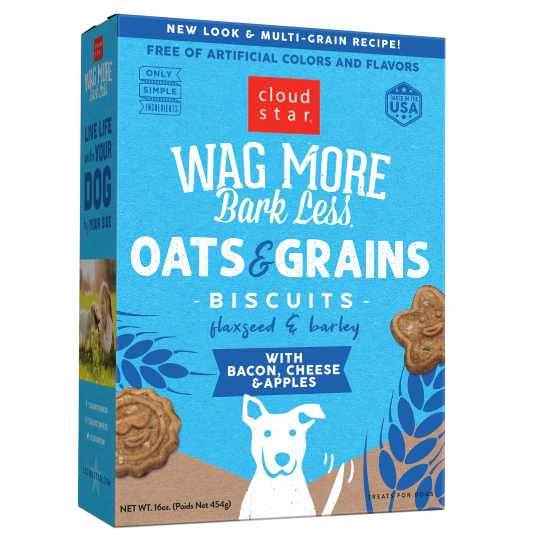 Cloud Star Wag More Bark Less Oats & Grains Crunchy Dog Treats, Bacon, Cheese & Apples, 16 oz. Box - Image 1