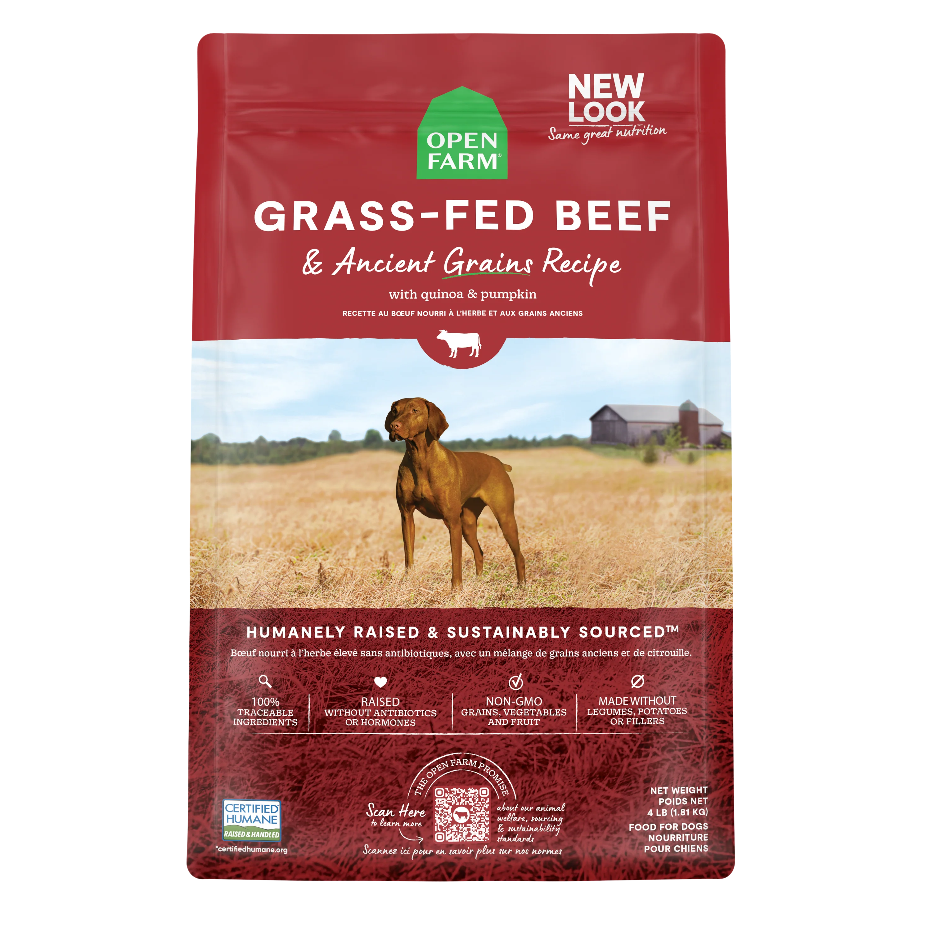 Open Farm Grass-Fed Beef & Ancient Grains Kibble For Dogs 4lb Bag