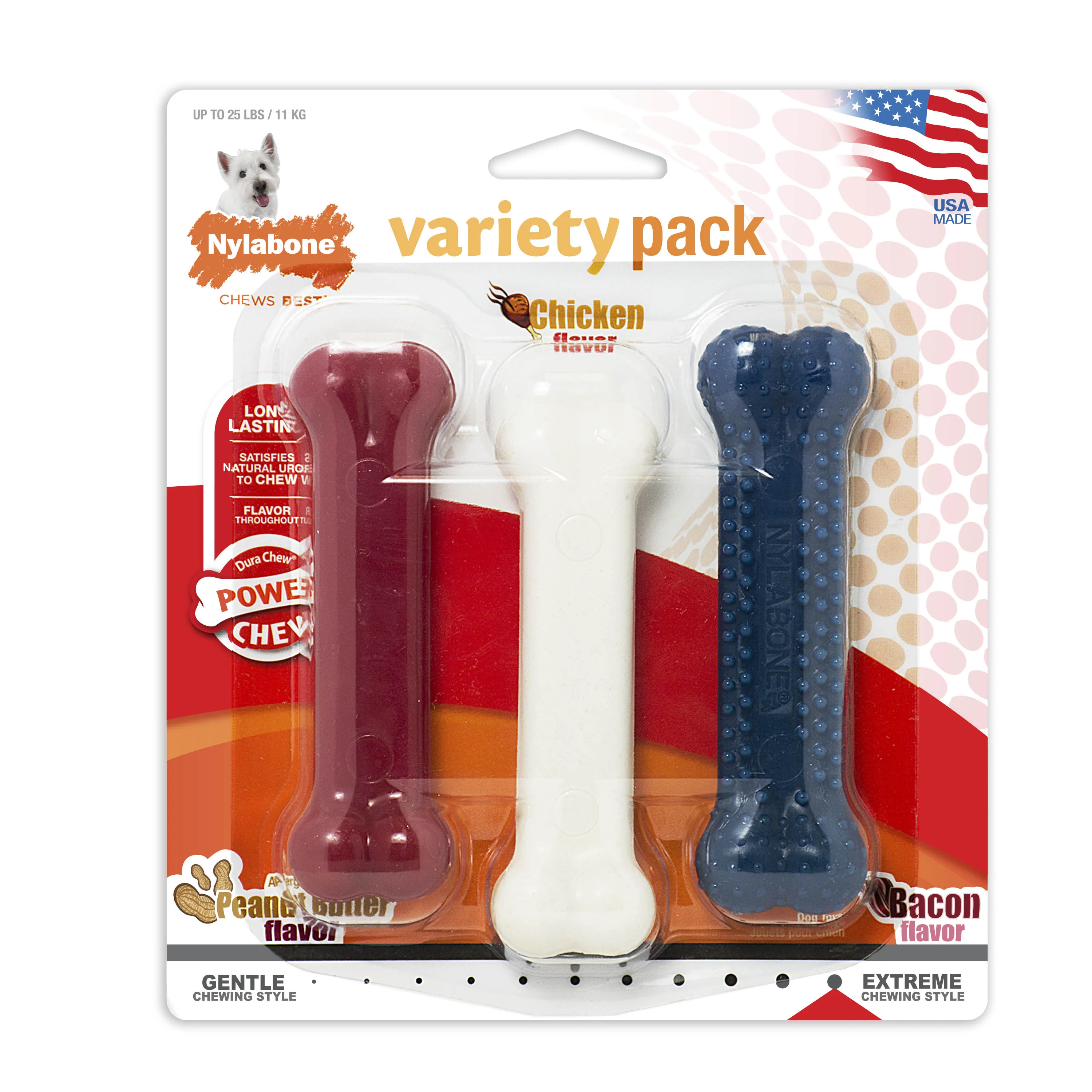 Nylabone Power Chew Variety Triple Pack Chicken, Bacon & Peanut Butter Small/Regular - Image 1