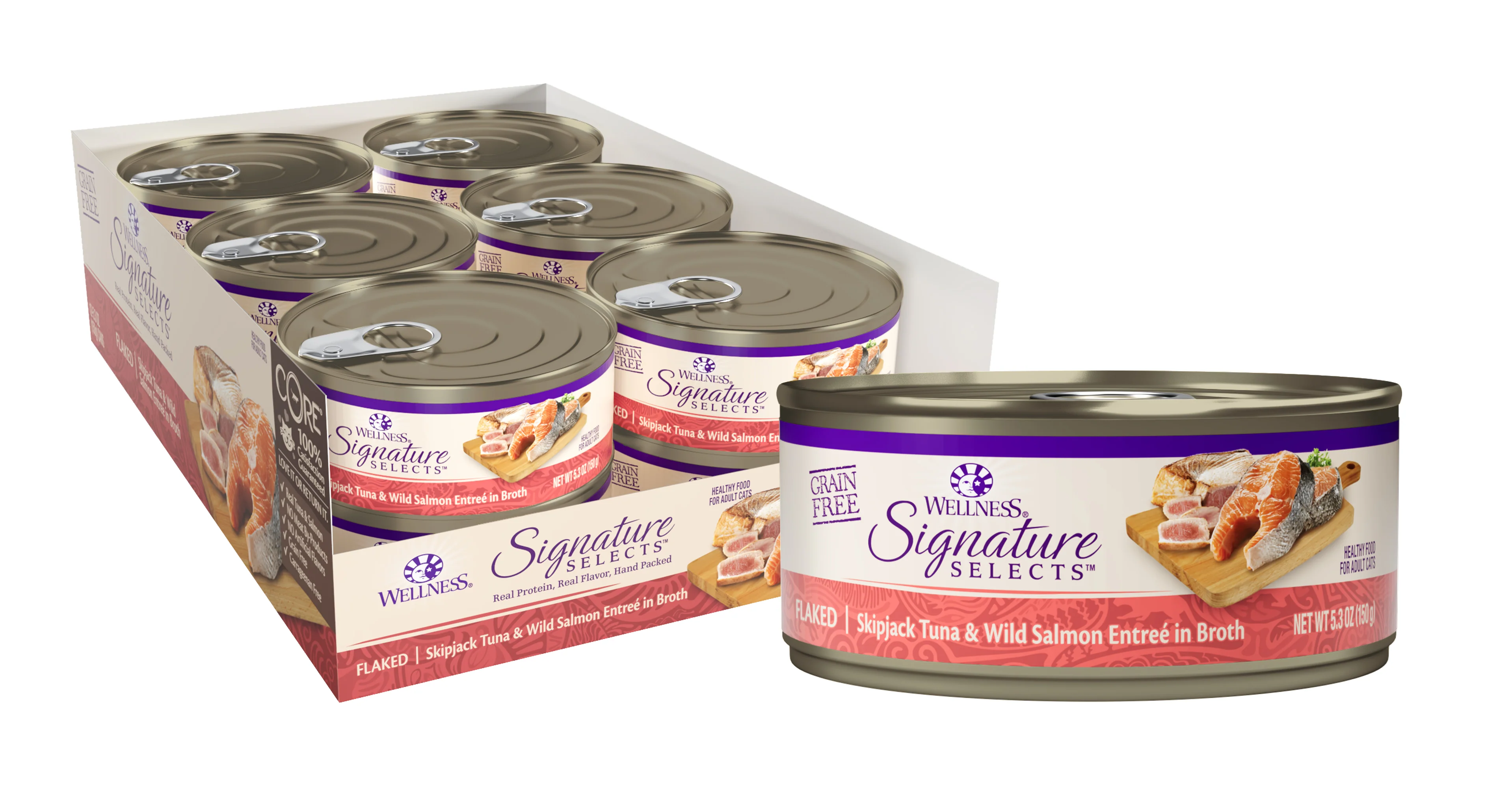 Wellness CORE Signature Selects Grain Free Canned Cat Food Flaked Skipjack Tuna & Wild Salmon in Broth 5.3ozs - Image 1