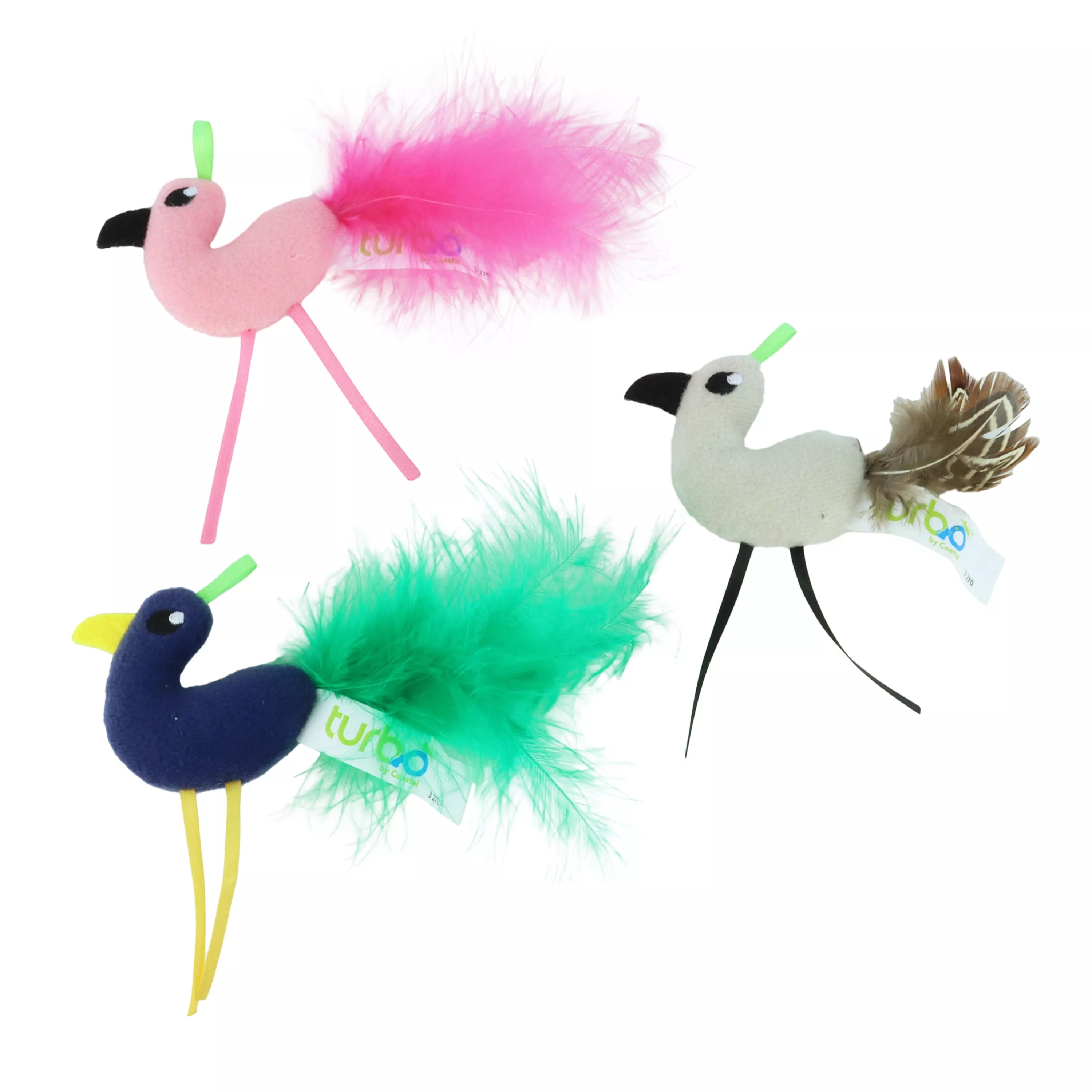 Coastal Turbo Cat Toy with Teaser Loop Assorted Single Birds with Feather Tail - Image 1