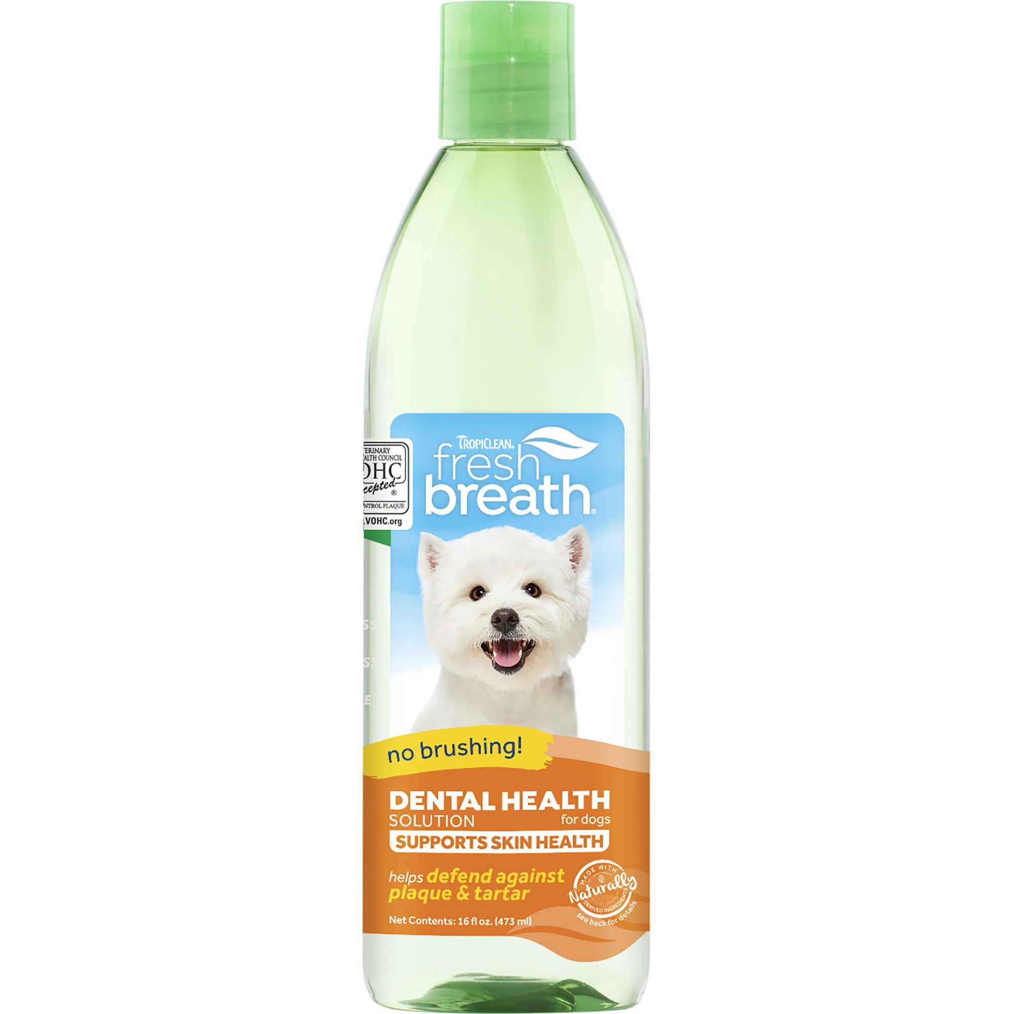 TropiClean Fresh Breath Dental Health Solution Supports Skin Health for Dogs, 16oz - Image 1