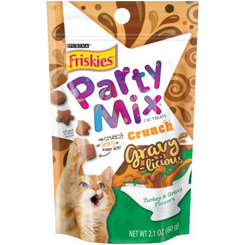 Friskies Cat Treats  Party Mix Crunch Gravylicious Turkey & Gravy Flavors  2.1 oz. Pouch - Image 1