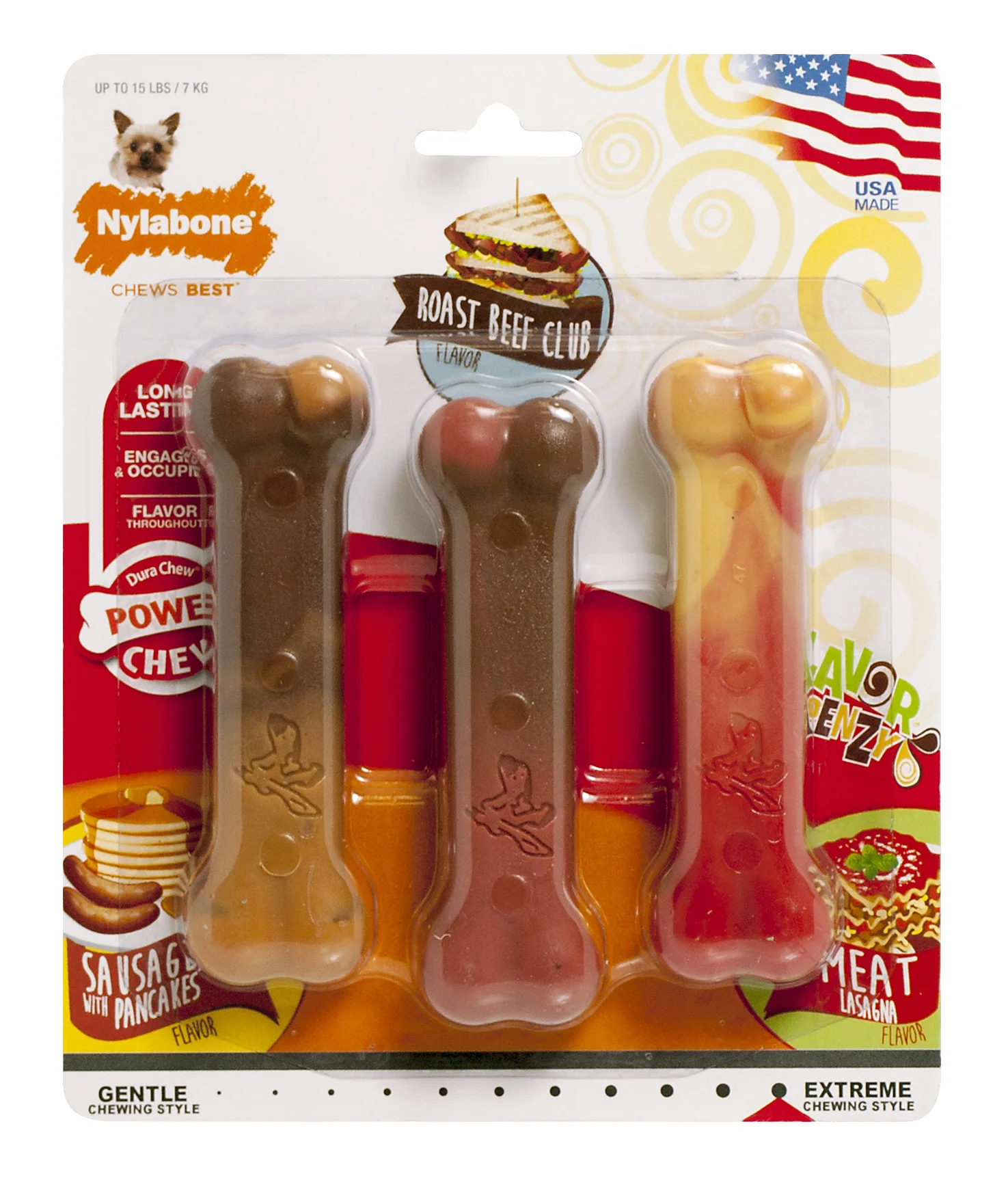 Nylabone Flavor Frenzy Power Chew Triple Pack Pancakes & Sausage, Roast Beef Club, & Lasagna X-Small/Petite - Image 1