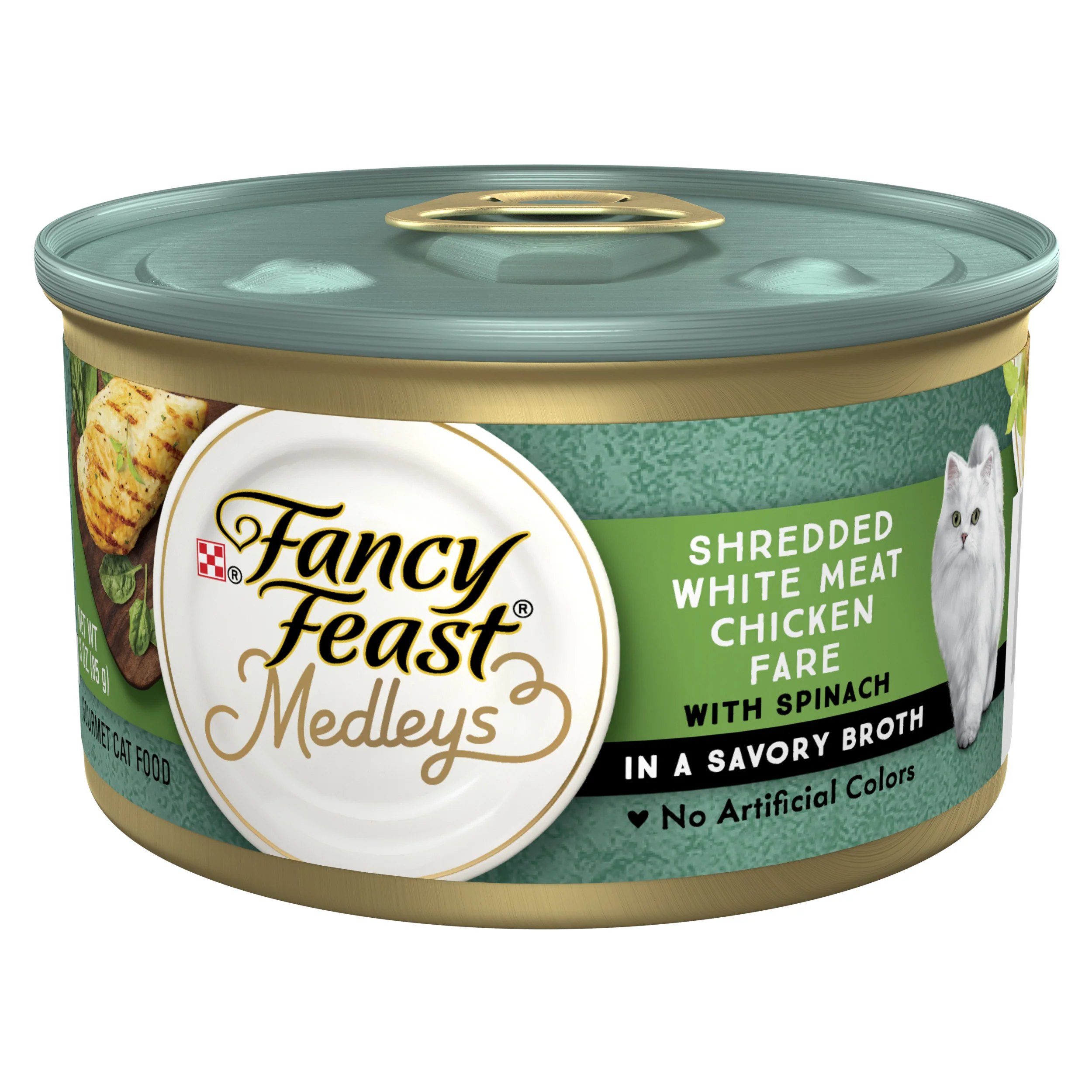 Purina Fancy Feast Wet Cat Food Medleys Shredded White Meat Chicken Fare With Spinach in Savory Cat Food Broth 3oz - Image 1