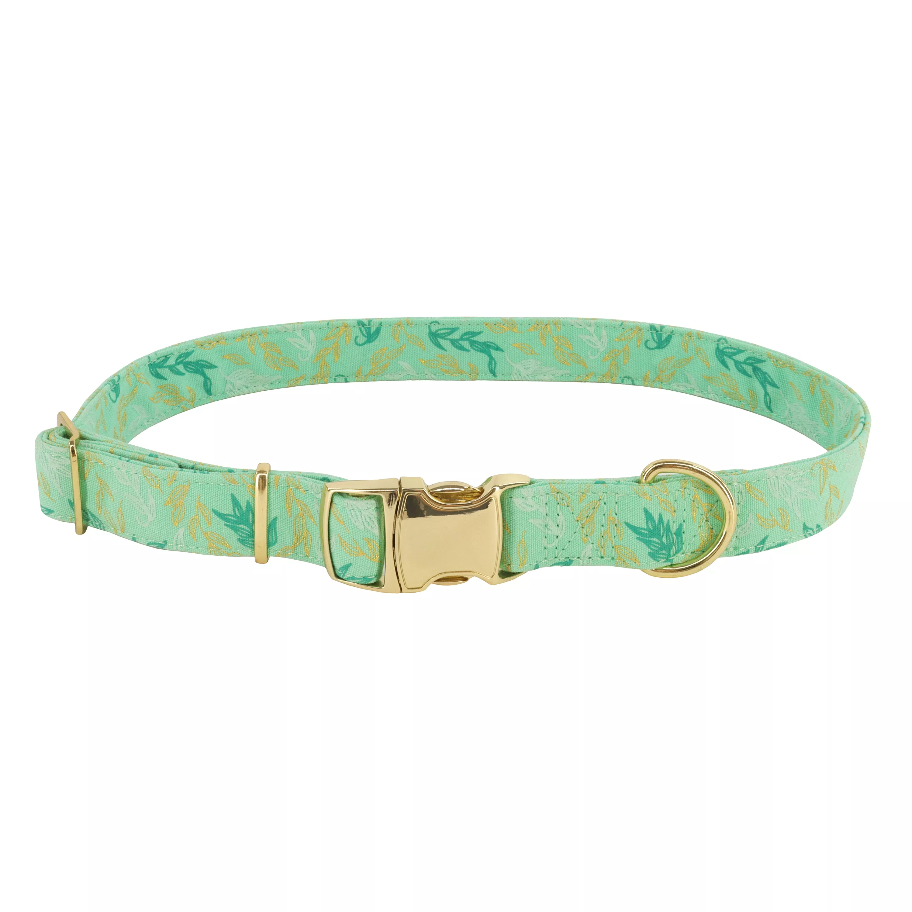 Coastal Accent Metallic 5/8in Wide 12-18in Adjustable Dog Collar Green Leaves - Image 1