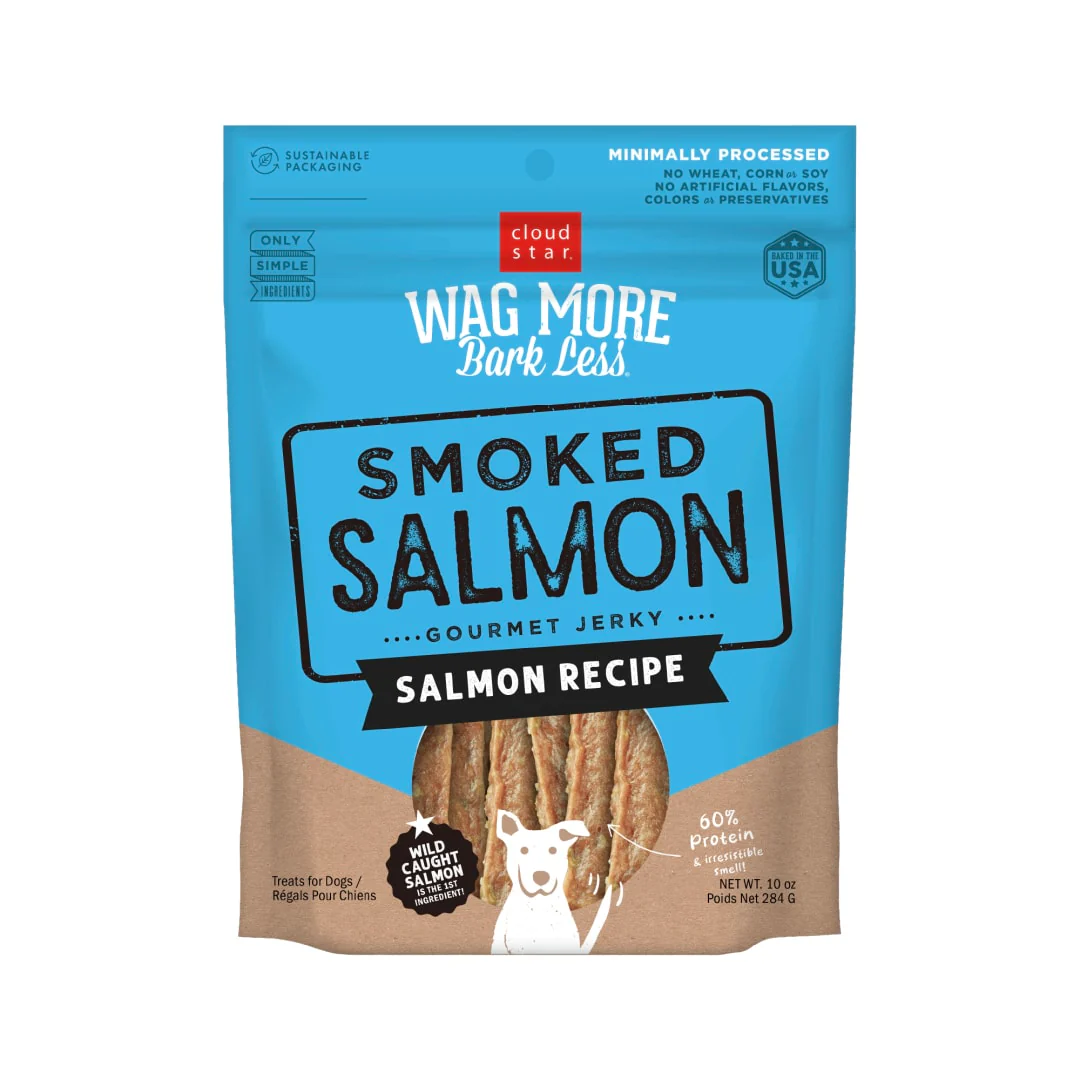 Cloud Star Wag More Bark Less Jerky Dog Treats, Smoked Salmon, 10 oz. Pouch - Image 1