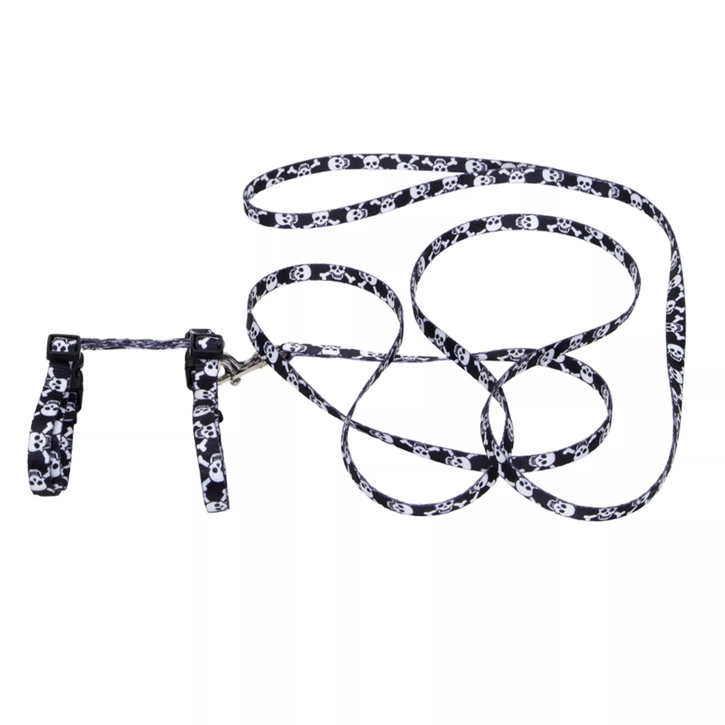 Coastal Figure "H" Fashion 3/8in Wide 10-18in Adjustable Cat Harness and Leash Combo Black Skulls - Image 1