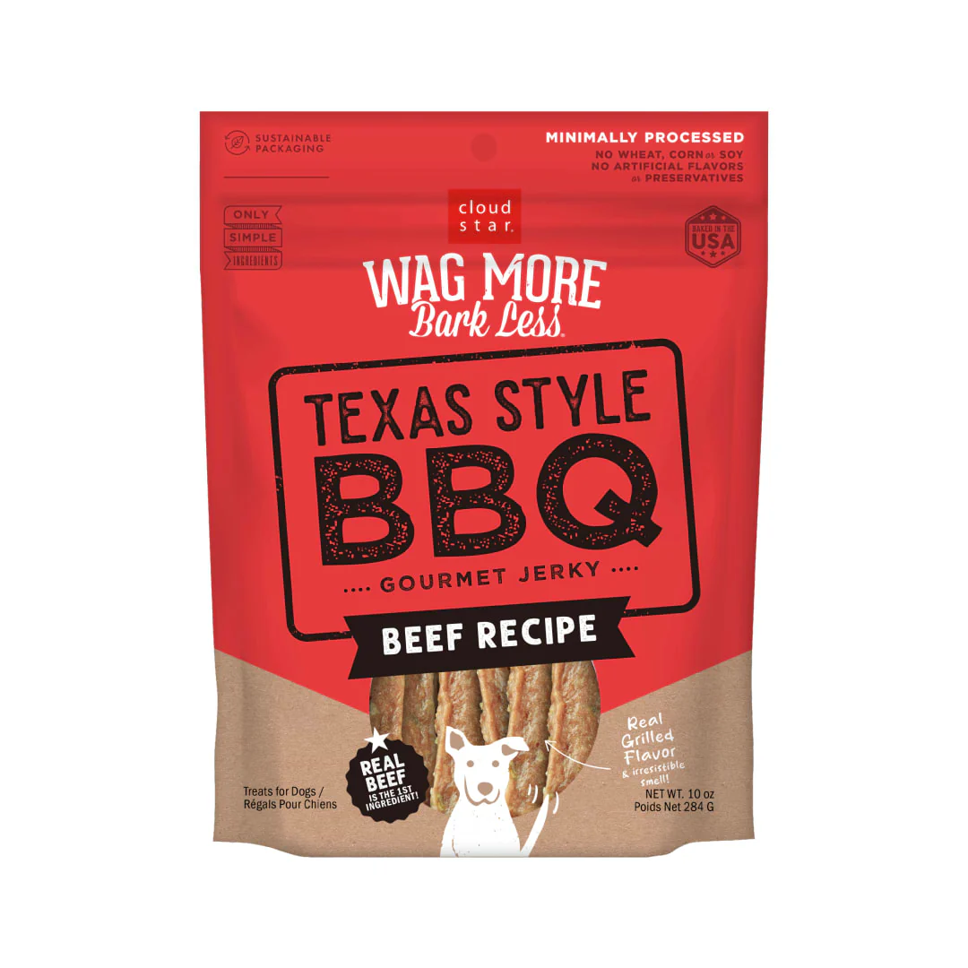 Cloud Star Wag More Bark Less Jerky Grain Free Dog Treats, Texas BBQ Beef, 10 oz. Pouch - Image 1