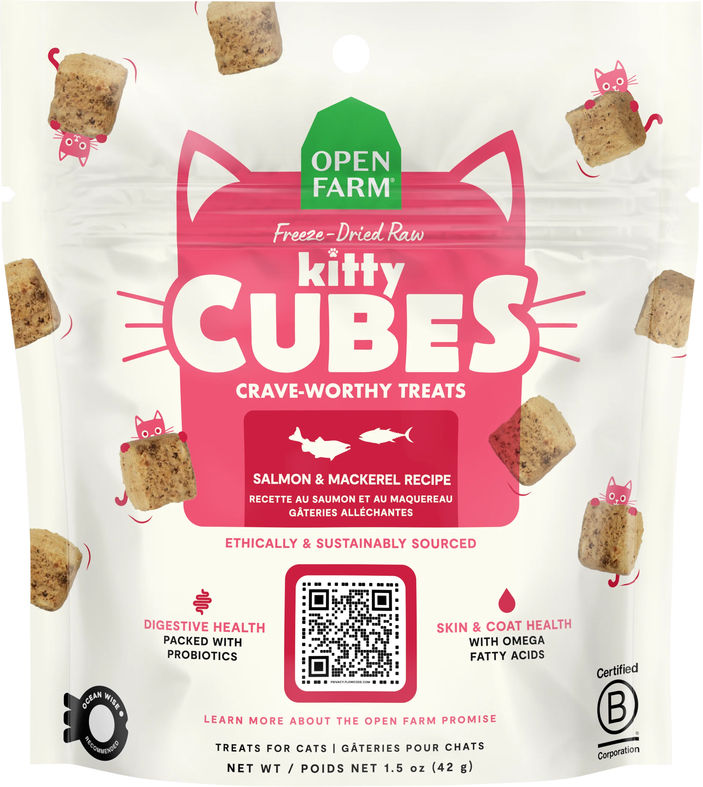 Open Farm Freeze-Dried Raw Kitty Cubes Cat Treats – Salmon & Mackerel Recipe 1.5oz Bag