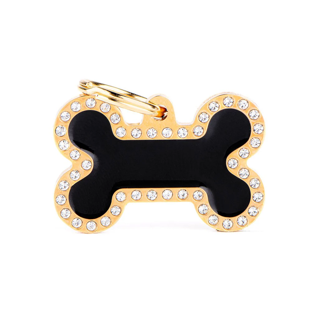 My Family ID Glam Big Bone Black and Gold ID Tag with Rhinestones - Image 1