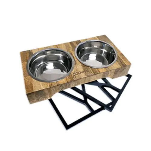 GOO-EEZ Mango Wood Adjustable-Height Double Feeder with Stainless Steel Bowls - Image 1