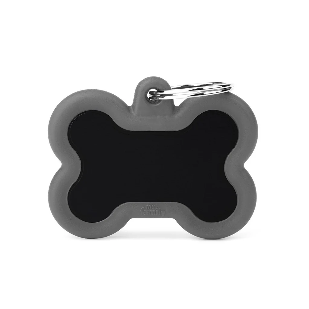 My Family ID Hushtag Big Black Aluminum Bone ID Tag with Gray Rubber - Image 1