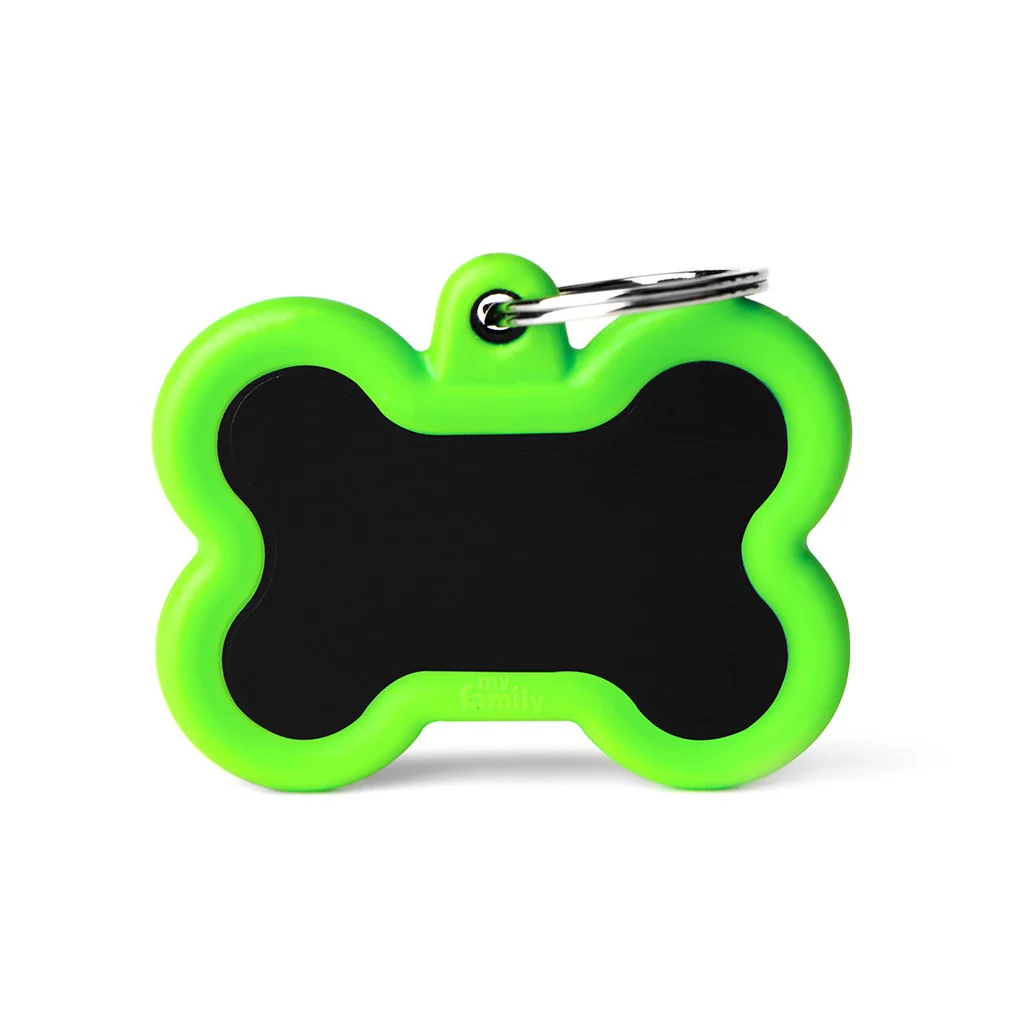 My Family ID Hushtag Big Black Aluminum Bone ID Tag with Green Rubber - Image 1