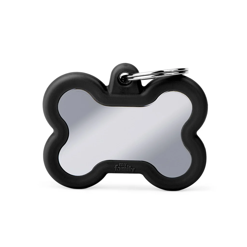 My Family ID Hushtag Big Black Chrome-Plated Brass Bone ID Tag with Black Rubber - Image 1
