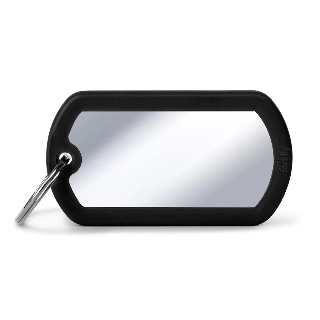 My Family ID Hushtag Big Chrome-Plated Brass Military ID Tag with Black Rubber - Image 1
