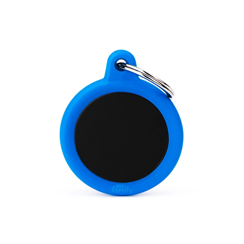 My Family ID Hushtag Black Aluminum Circle ID Tag with Blue Rubber - Image 1