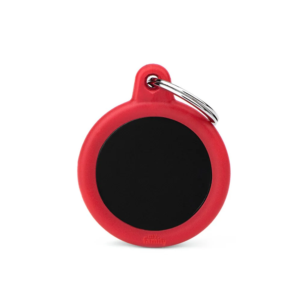My Family ID Hushtag Black Aluminum Circle ID Tag with Red Rubber - Image 1