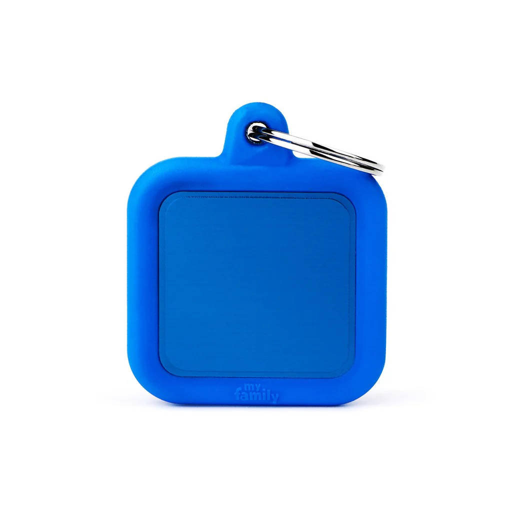 My Family ID Hushtag Blue Aluminum Square ID Tag with Rubber - Image 1