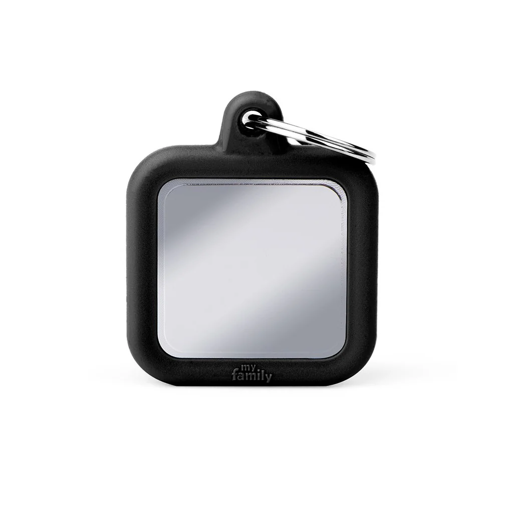 My Family ID Hushtag Chrome-Plated Brass Square ID Tag with Black Rubber - Image 1