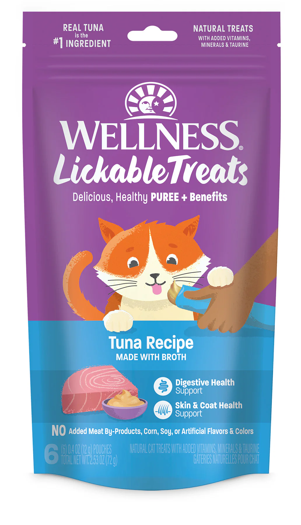 Wellness Lickable Treats Soft Puree Natural Grain Free Cat Treats Tuna Contains 6 - 0.4oz Tubes - Image 1