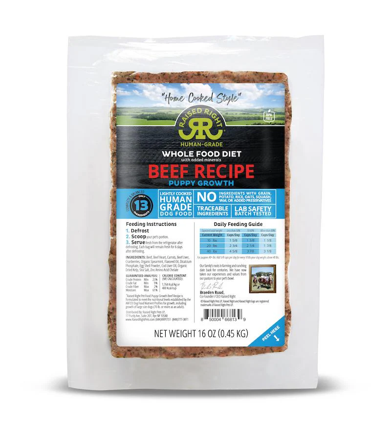 Raised Right Puppy Growth Beef Recipe Frozen Dog Food 1lb - Image 1