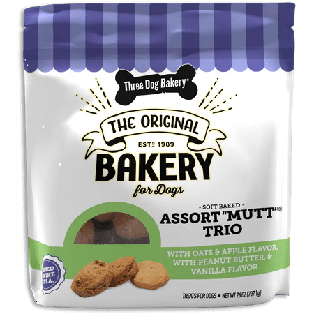 Three Dog Bakery Assortmutt: Peanut Butter, Vanilla, Oats & Apple Flavor Soft Treats for Dogs, 26 oz - Image 1