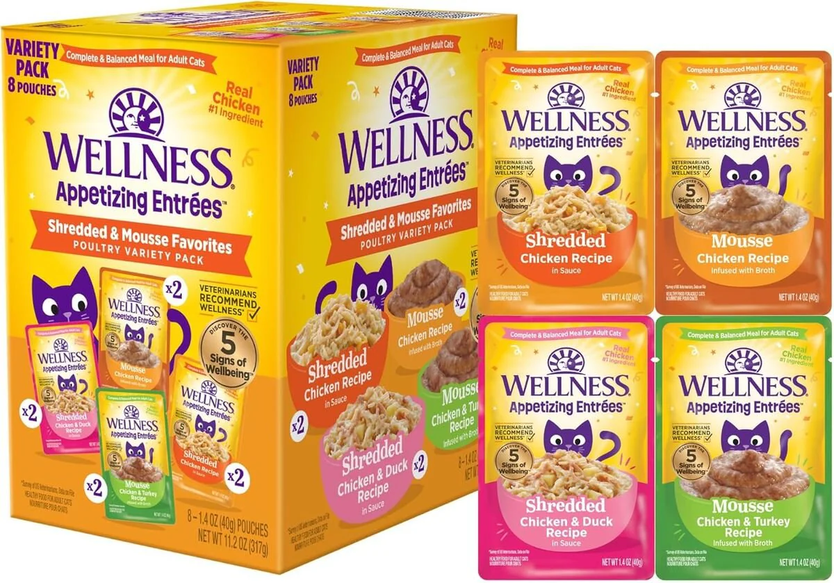 Appetizing Entrees Shredded & Mousse Favorites Poultry Variety Pack Wet Cat Food - 1.4 oz 8-Pack - Image 1