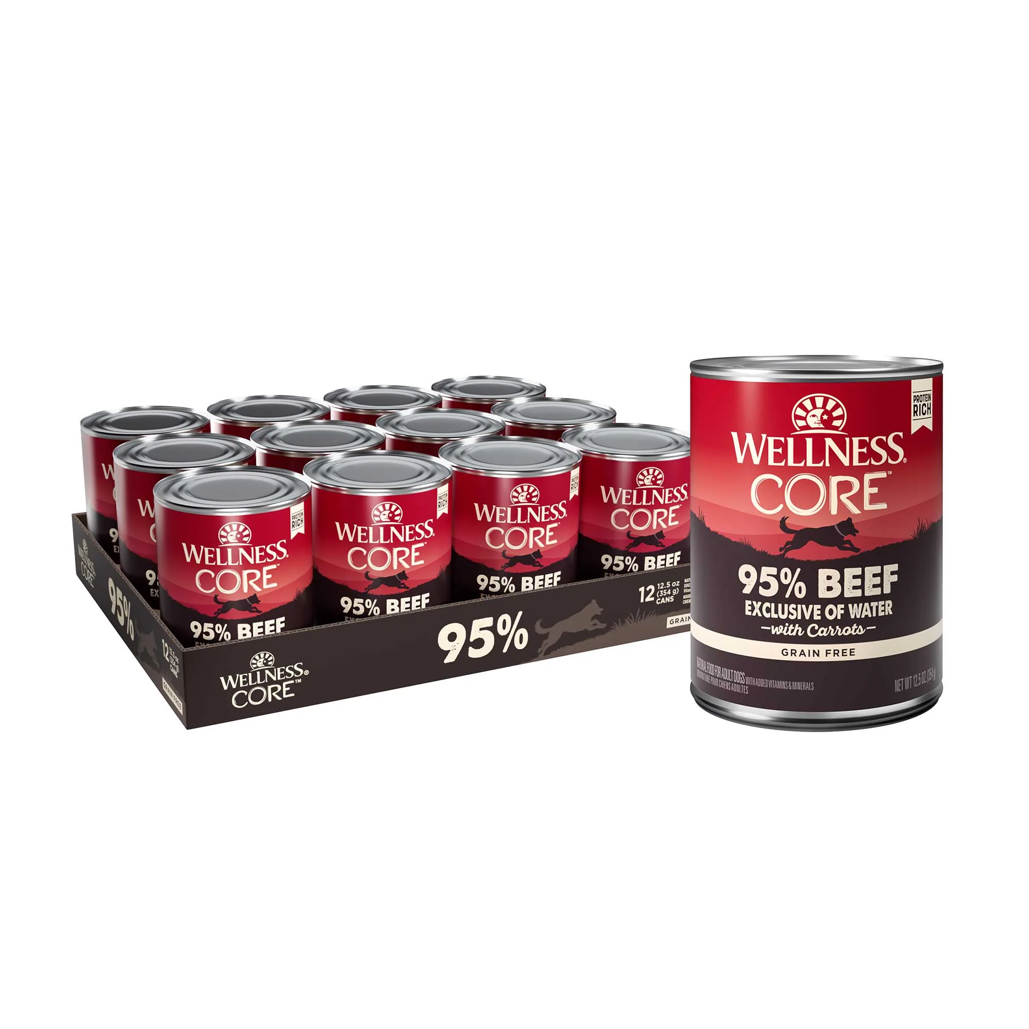 Wellness CORE 95% Natural Wet Grain Free Canned Dog Food Beef & Carrots12.5oz Can - Image 1