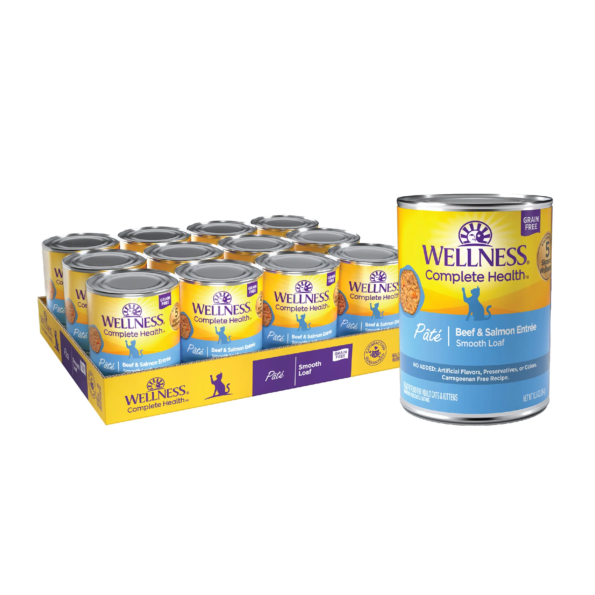 Wellness Complete Health Natural Grain Free Wet Canned Cat Food Beef & Salmon Pate 12.5oz Can - Image 1
