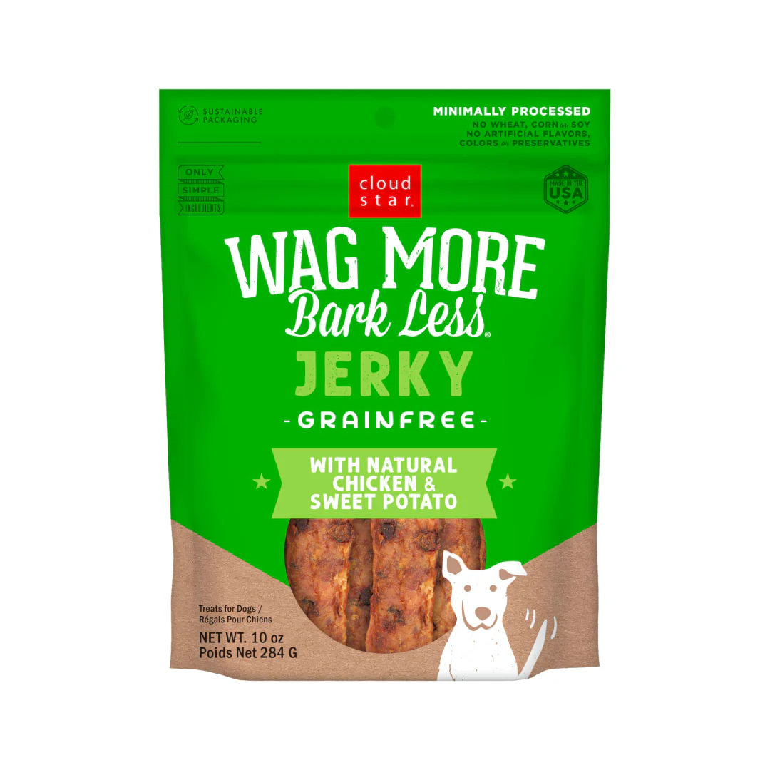 Cloud Star Wag More Bark Less Jerky Grain Free Dog Treats, Chicken & Sweet Potato, 10 oz. Pouch - Image 1