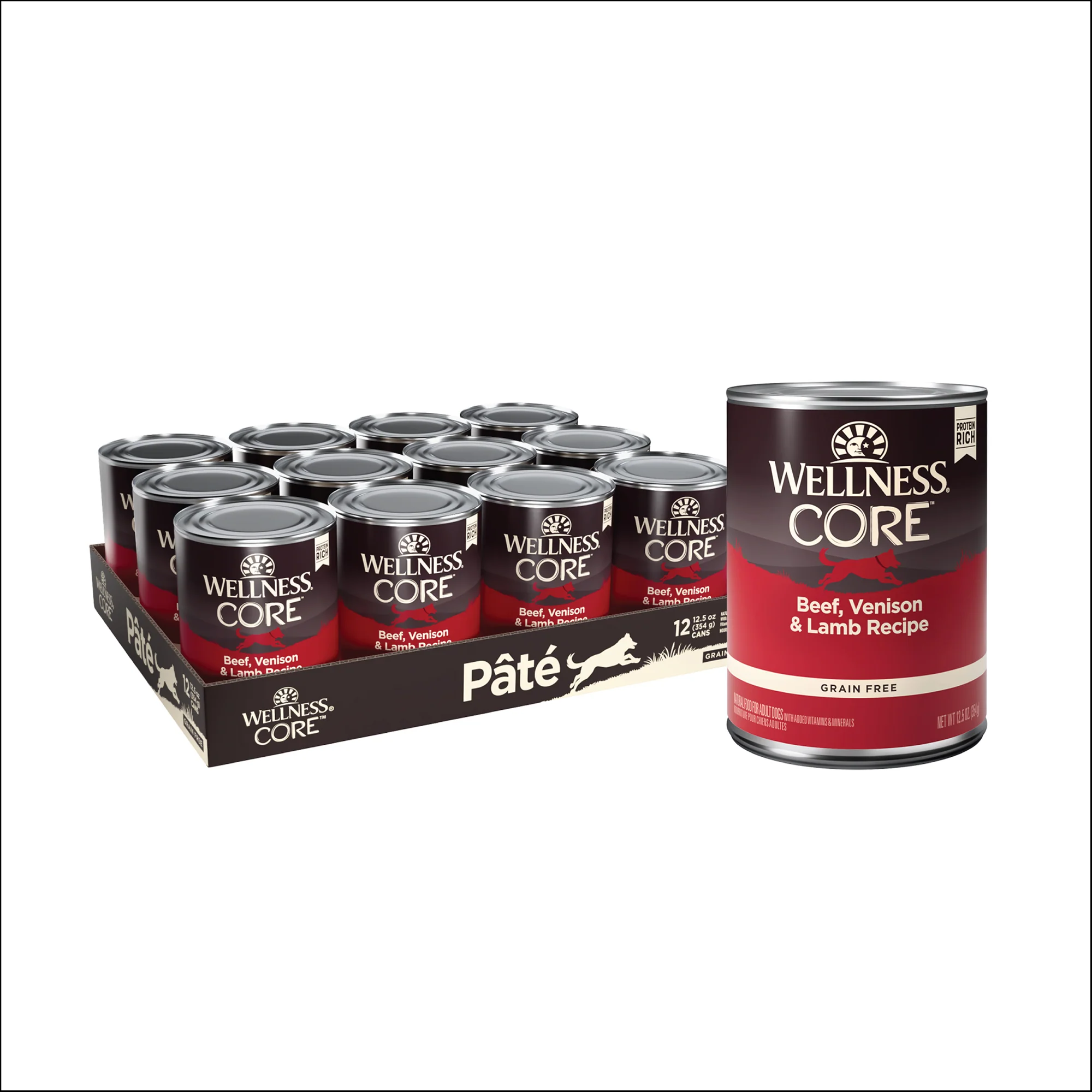 Wellness CORE Natural Wet Grain Free Canned Dog Food Beef Venison & Lamb 12.5oz Can - Image 1