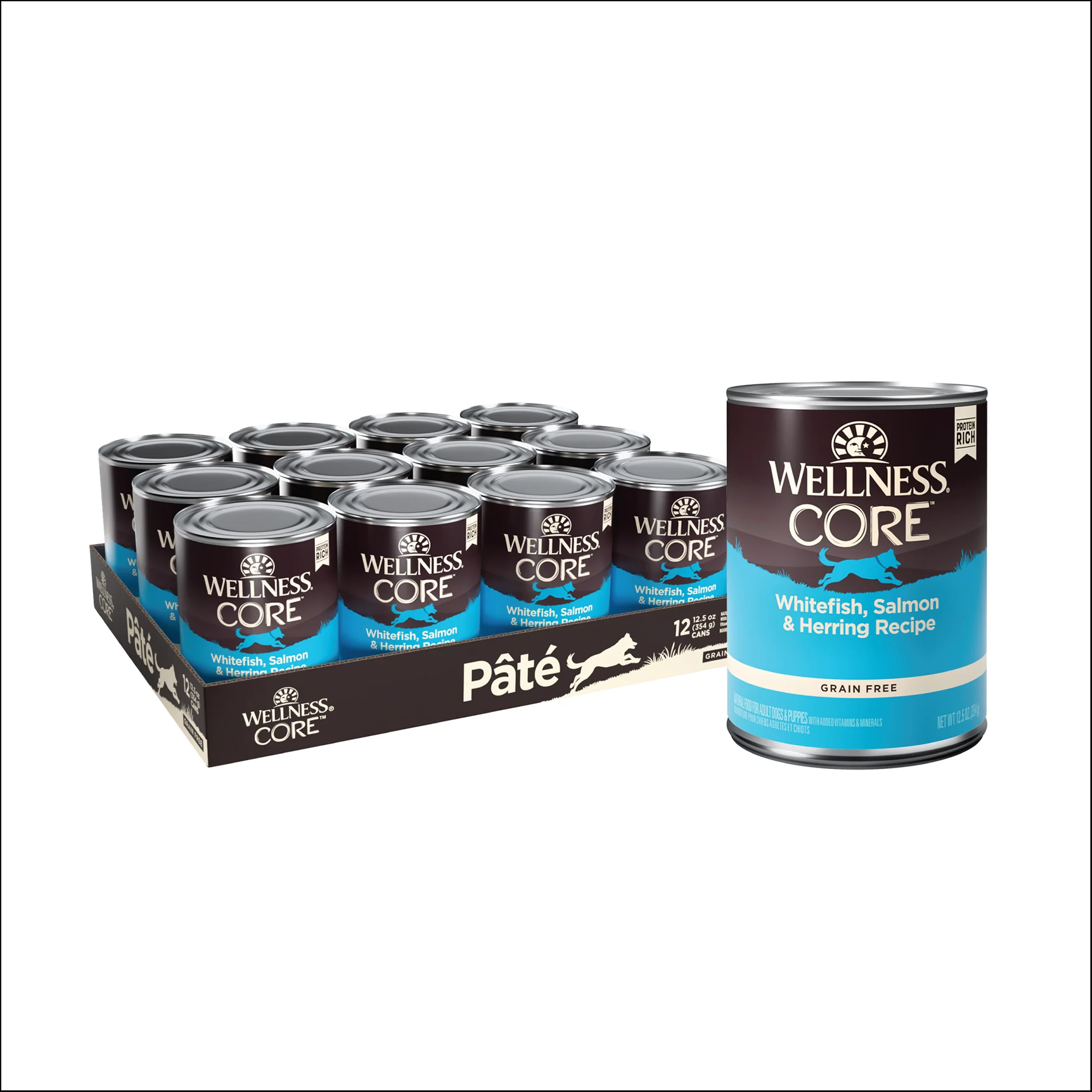 Wellness CORE Natural Wet Grain Free Canned Dog Food Whitefish Salmon & Herring 12.5oz Can - Image 1