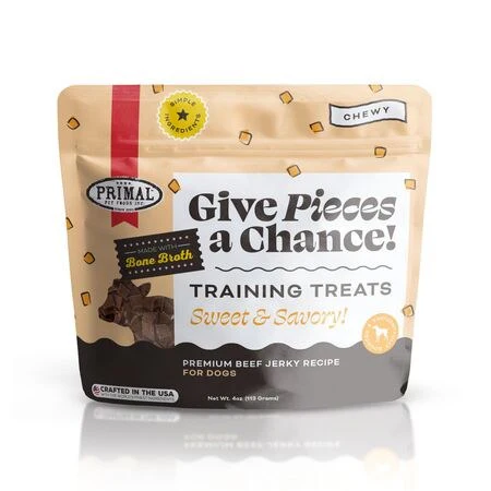 Primal Beef Jerky Dog Treats with Broth, Give Pieces a Chance Natural Training Treat for Dogs, 4 oz - Image 1