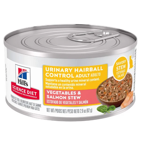 Hills Science Diet Adult Urinary Hairball Control Vegetables & Salmon Stew Cat Food 2.9oz can - Image 1