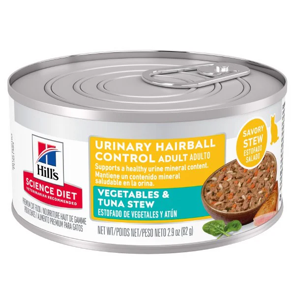 Hills Science Diet Adult Urinary Hairball Control Vegetables & Tuna Stew Cat Food 2.9oz can - Image 1