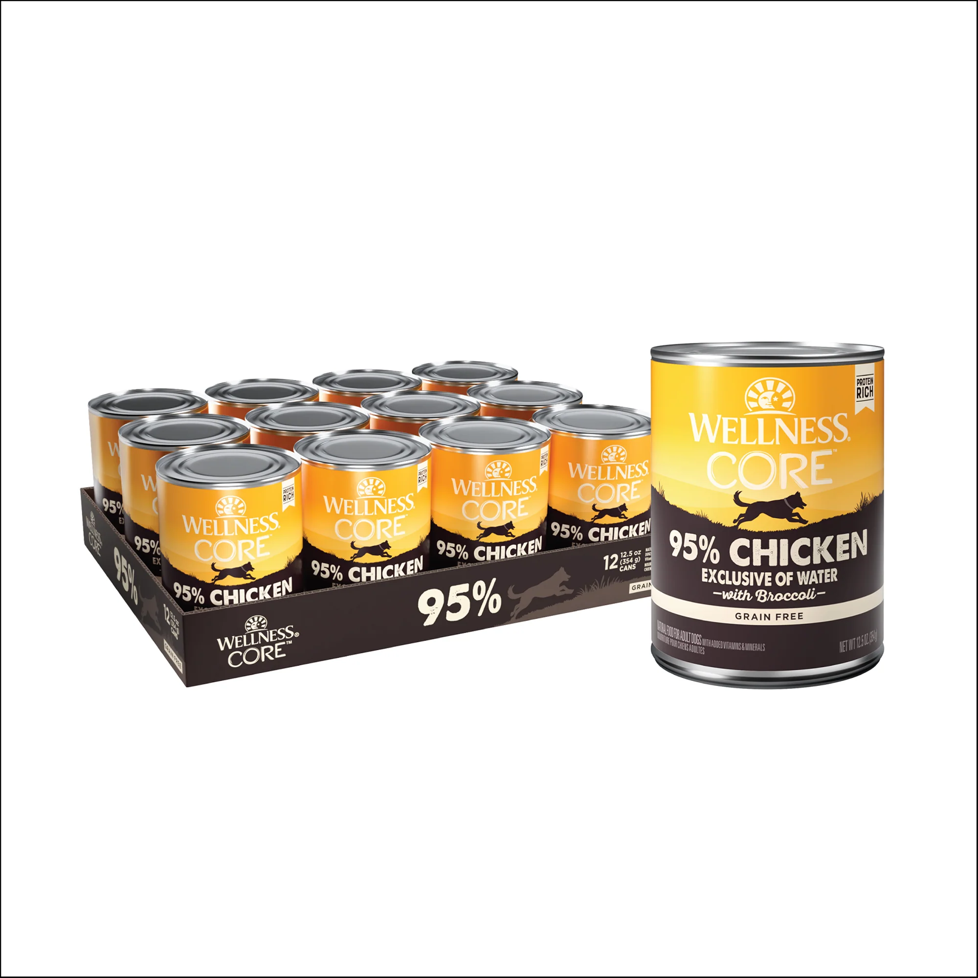 Wellness CORE 95% Natural Wet Grain Free Canned Dog Food Chicken & Broccoli12.5oz Can - Image 1