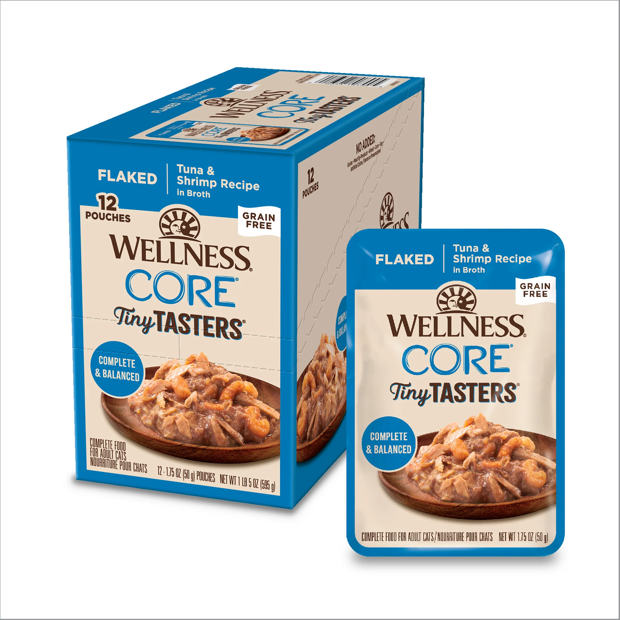 Wellness CORE Tiny Tasters Wet Cat Food Flaked Tuna & Shrimp in Sauce 1.75oz Pouch - Image 1