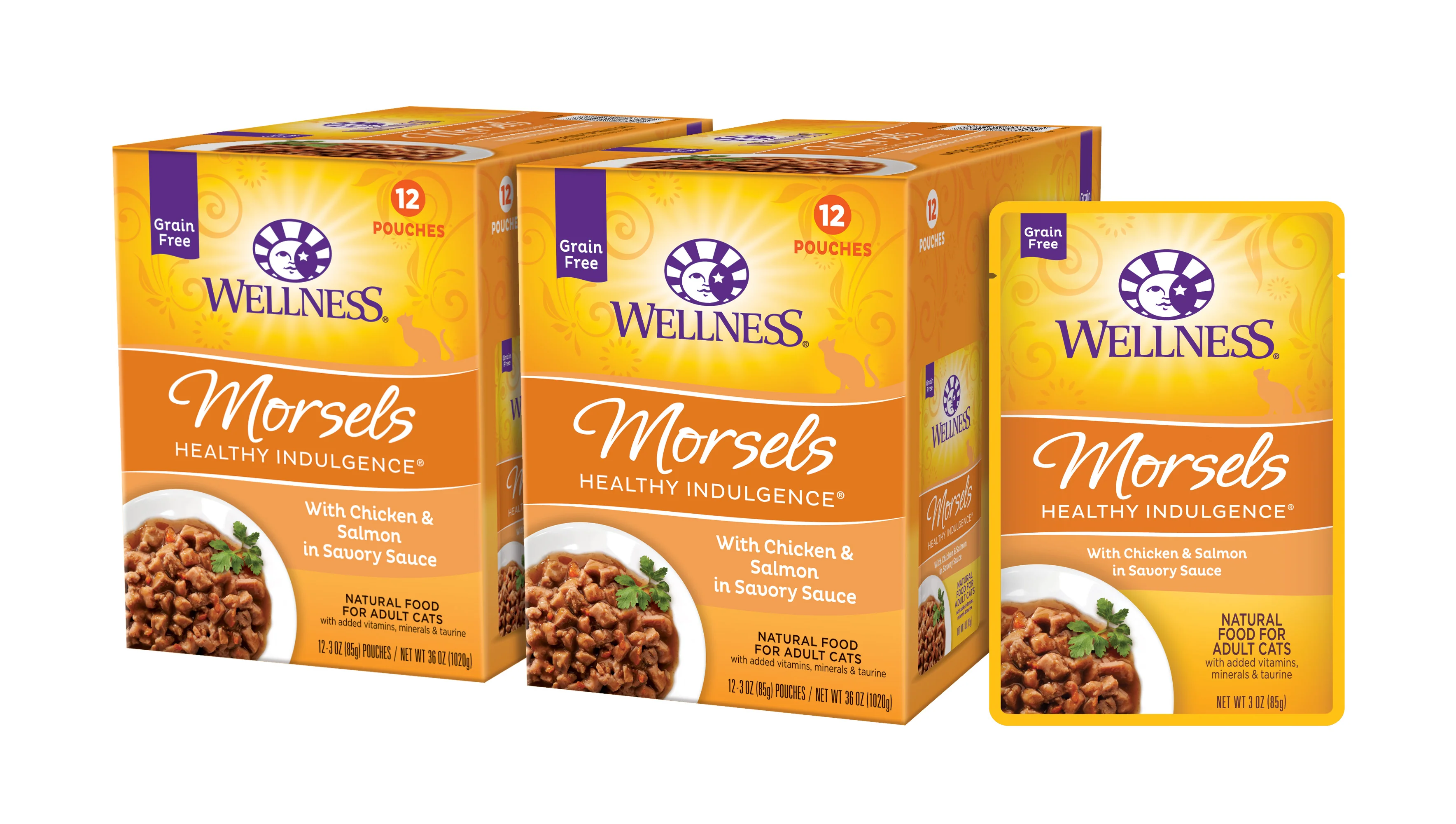 Wellness Healthy Indulgence Natural Grain Free Wet Cat Food Morsels Chicken & Salmon 3oz Pouch - Image 1