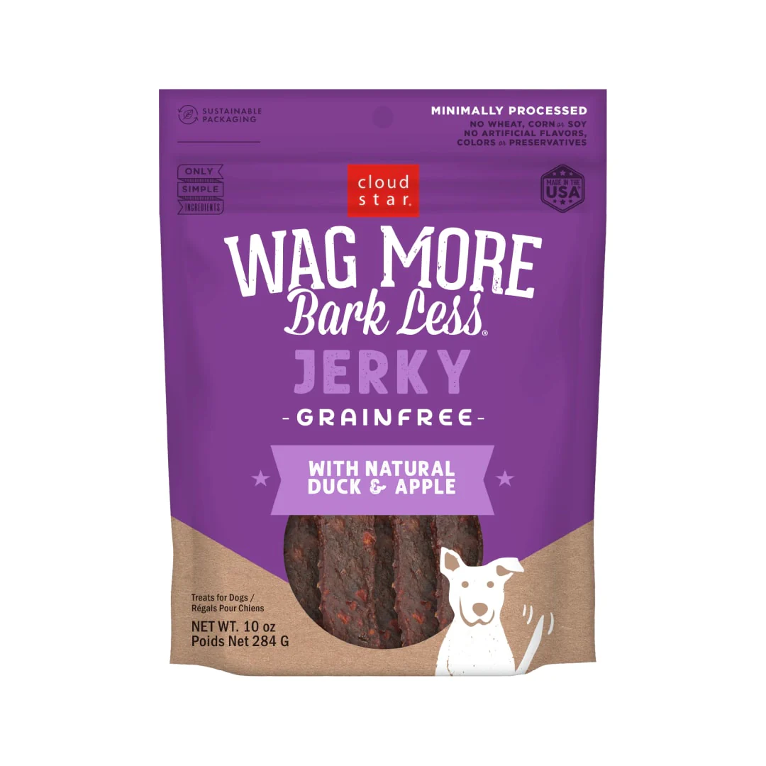 Cloud Star Wag More Bark Less Jerky Grain Free Dog Treats, Duck & Apple, 10 oz. Pouch - Image 1